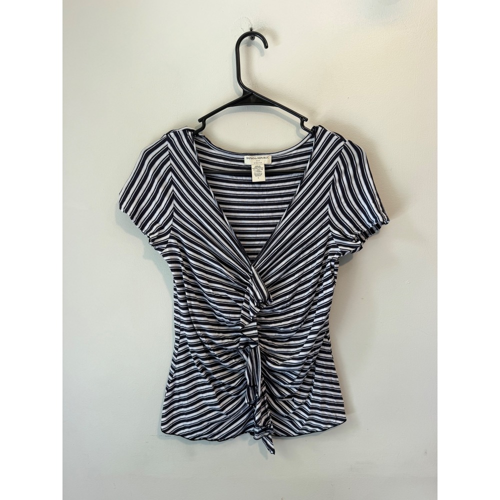 Banana Republic Navy White Striped Ruched V-Neck Tencel Stretch Top Small 1022